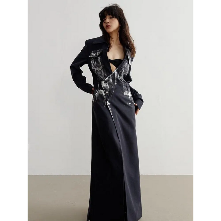 Black maxi skirt blazer with button fastening and invisible split