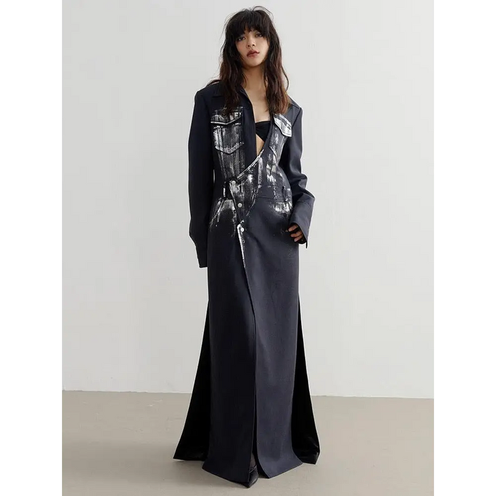 Black maxi skirt blazer with button fastening and invisible split - s