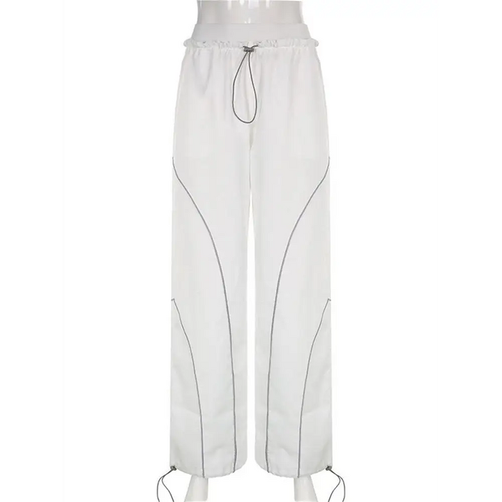 White sports y2k pants with reflective stripes
