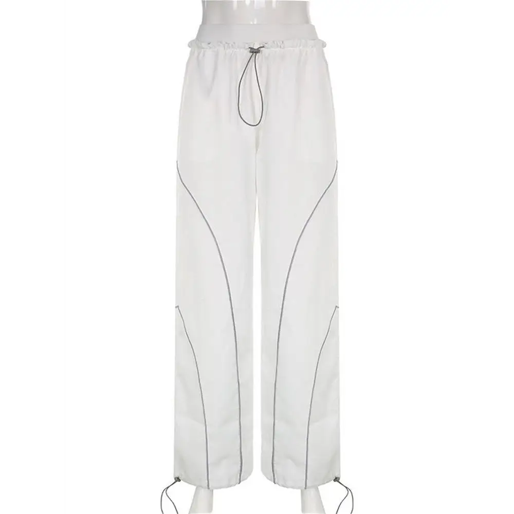 White sports y2k pants with reflective stripes