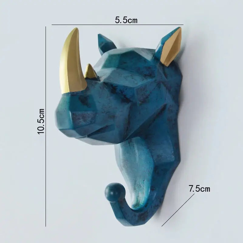 Aesthetic wild animal wall hook for unique bedroom decor - blue / rhino