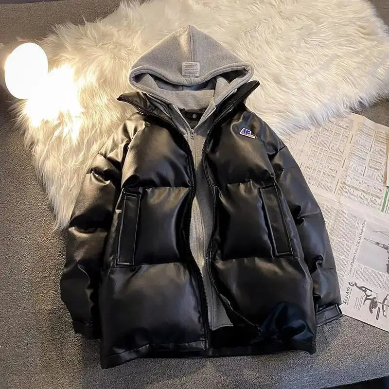Winter loose pu leather jacket from y2k streetwear collection - black / m - puffer jackets