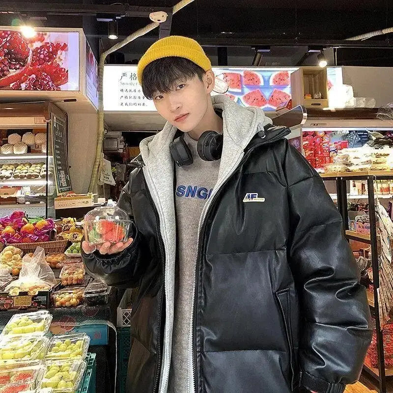 Winter loose pu leather jacket from y2k streetwear collection - puffer jackets