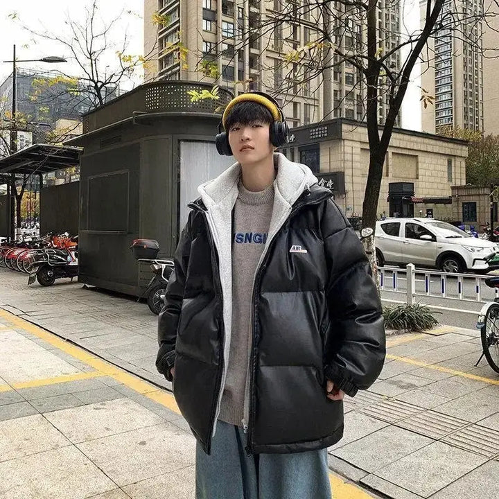 Winter loose pu leather jacket from y2k streetwear collection - puffer jackets