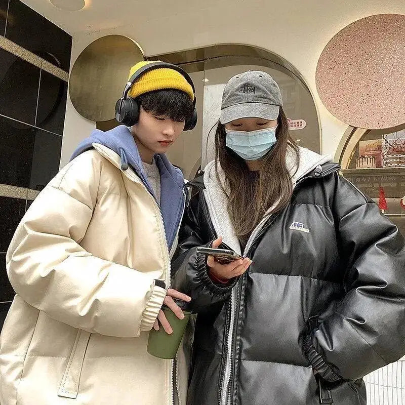 Winter loose pu leather jacket from y2k streetwear collection - puffer jackets