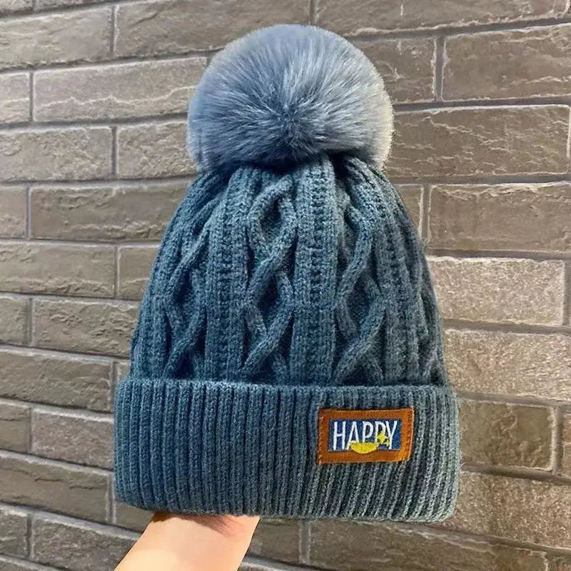 Classic wool hat with fur ball perfect for y2k winter style - blue - beanies