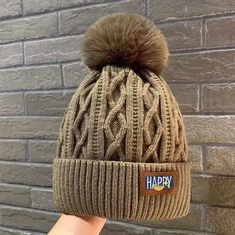 Classic wool hat with fur ball perfect for y2k winter style - coffee - beanies
