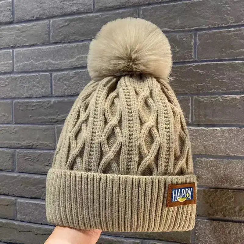 Classic wool hat with fur ball perfect for y2k winter style - khaki - beanies