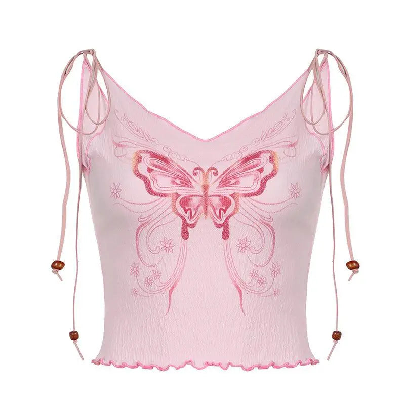 Y2k aesthetic pink butterfly print crop top with adjustable shoulder straps