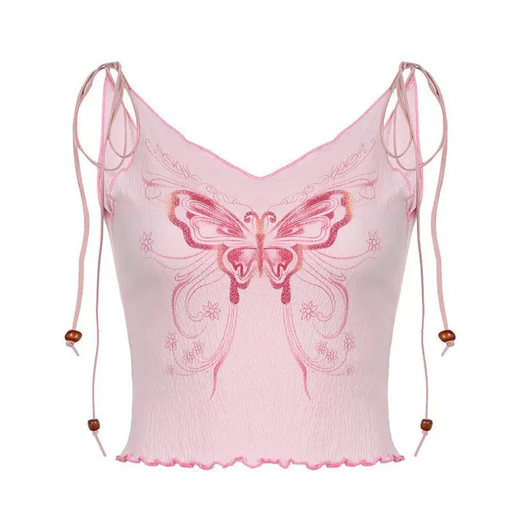 Y2k aesthetic pink butterfly print crop top with adjustable shoulder straps
