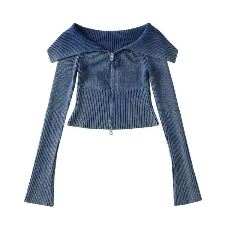 Y2k off-shoulder full zip jacket for trendy vintage style - s / navy blue - tops