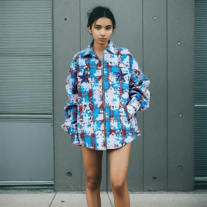 Y2k cotton zip-up jacket with star embroidery - denim