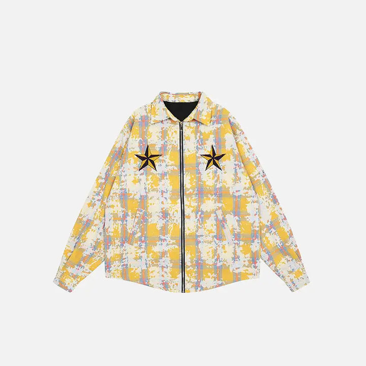Y2k cotton zip-up jacket with star embroidery - yellow / m - denim