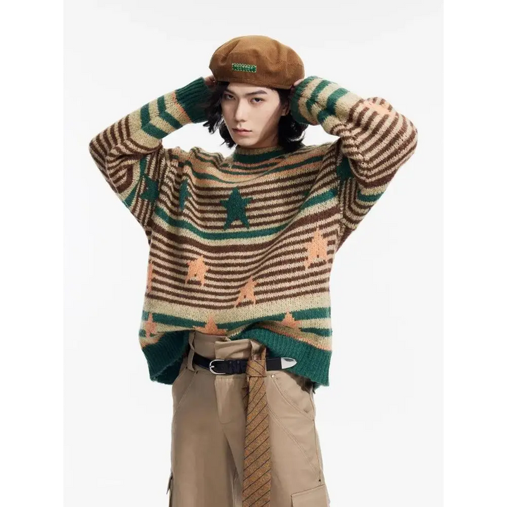 Vintage stars striped knitted sweater for cozy nostalgic style