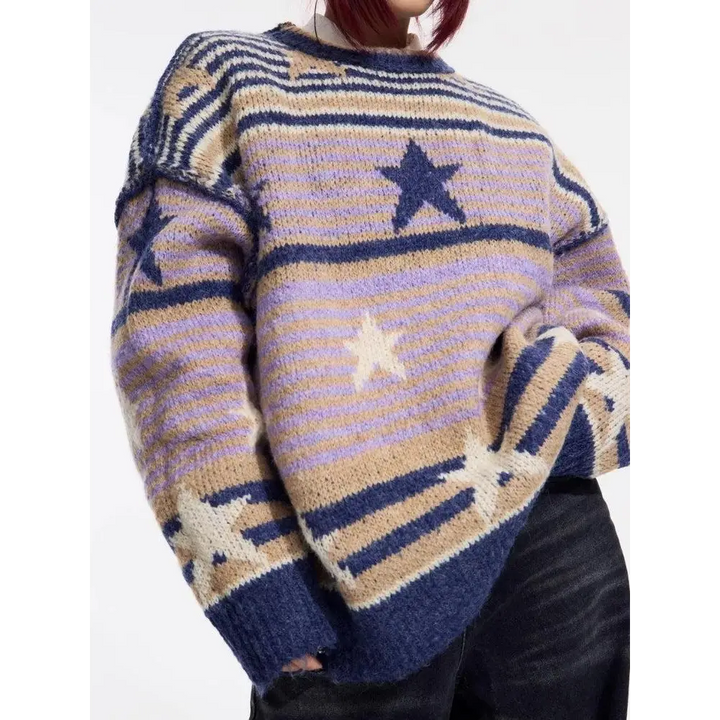 Vintage stars striped knitted sweater for cozy nostalgic style