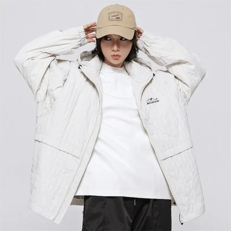 Y2k windbreaker hooded jacket in premium nylon and polyester - beige / m