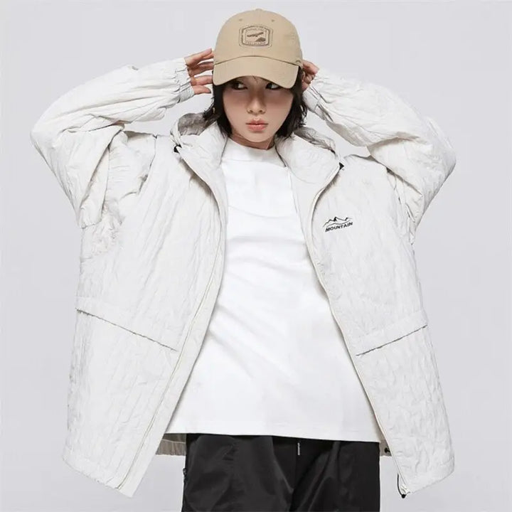 Y2k windbreaker hooded jacket in premium nylon and polyester - beige / m
