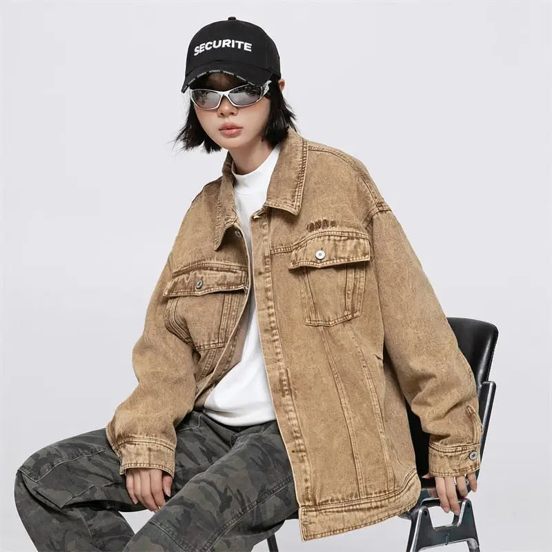 Y2k yellow multi-pocket denim jacket with military-style pockets