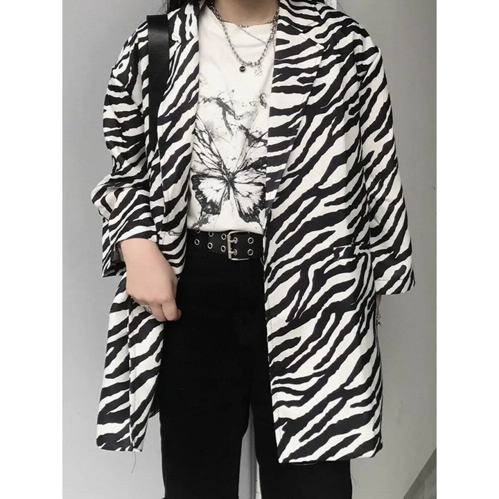 Zebra print long blazer with single button fastening