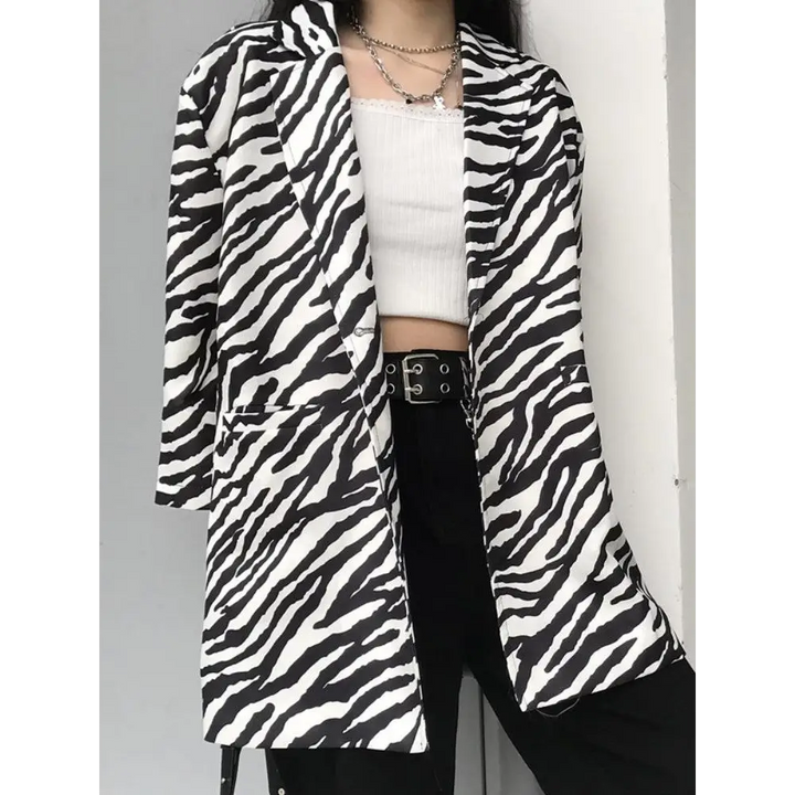 Zebra print long blazer with single button fastening