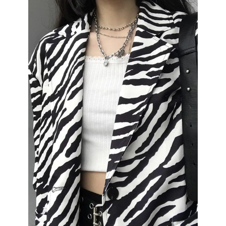 Zebra print long blazer with single button fastening