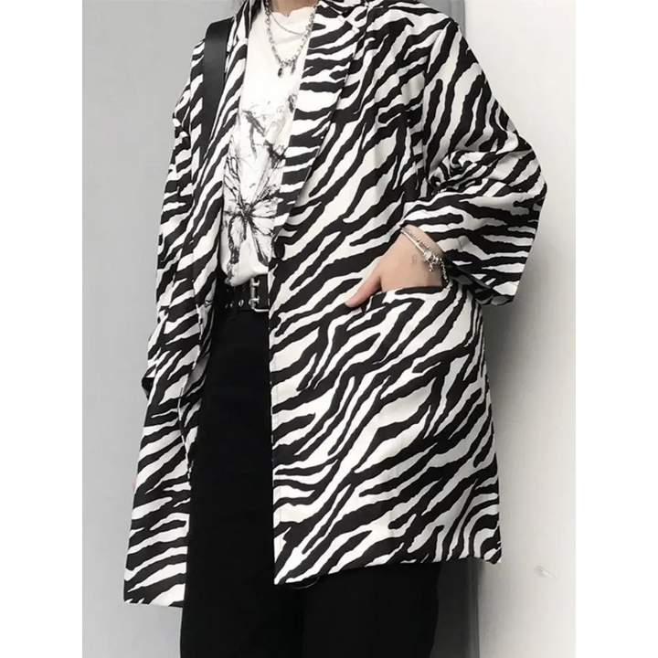 Zebra print long blazer with single button fastening