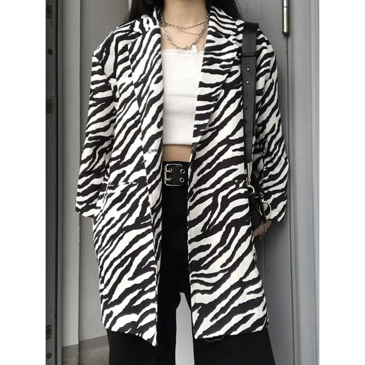 Zebra print long blazer with single button fastening - black / s