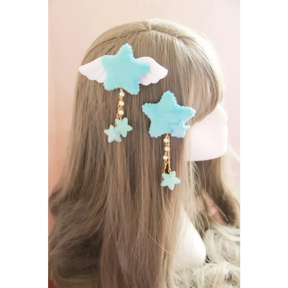 Kawaii sweet angel star tassels cute hair clips set of 2 - blue