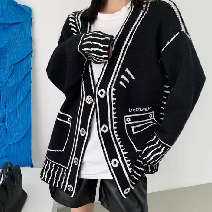 2d cartoon outline knitted cardigan - s / black