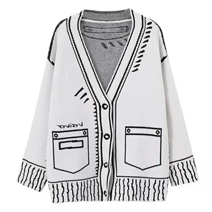 2d cartoon outline knitted cardigan - s / white