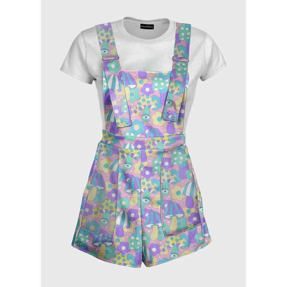 60s pattern mushroom pastel overalls with adjustable straps - xs