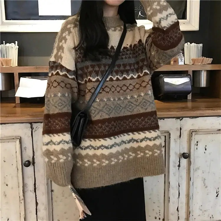 80’s grandma knit sweater - free size / brown/beige - sweaters