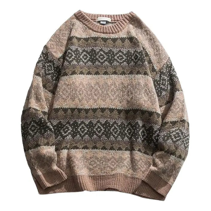 Oversized y2k aesthetic sweater with retro grandma pattern - l / grey/brown - sweaters