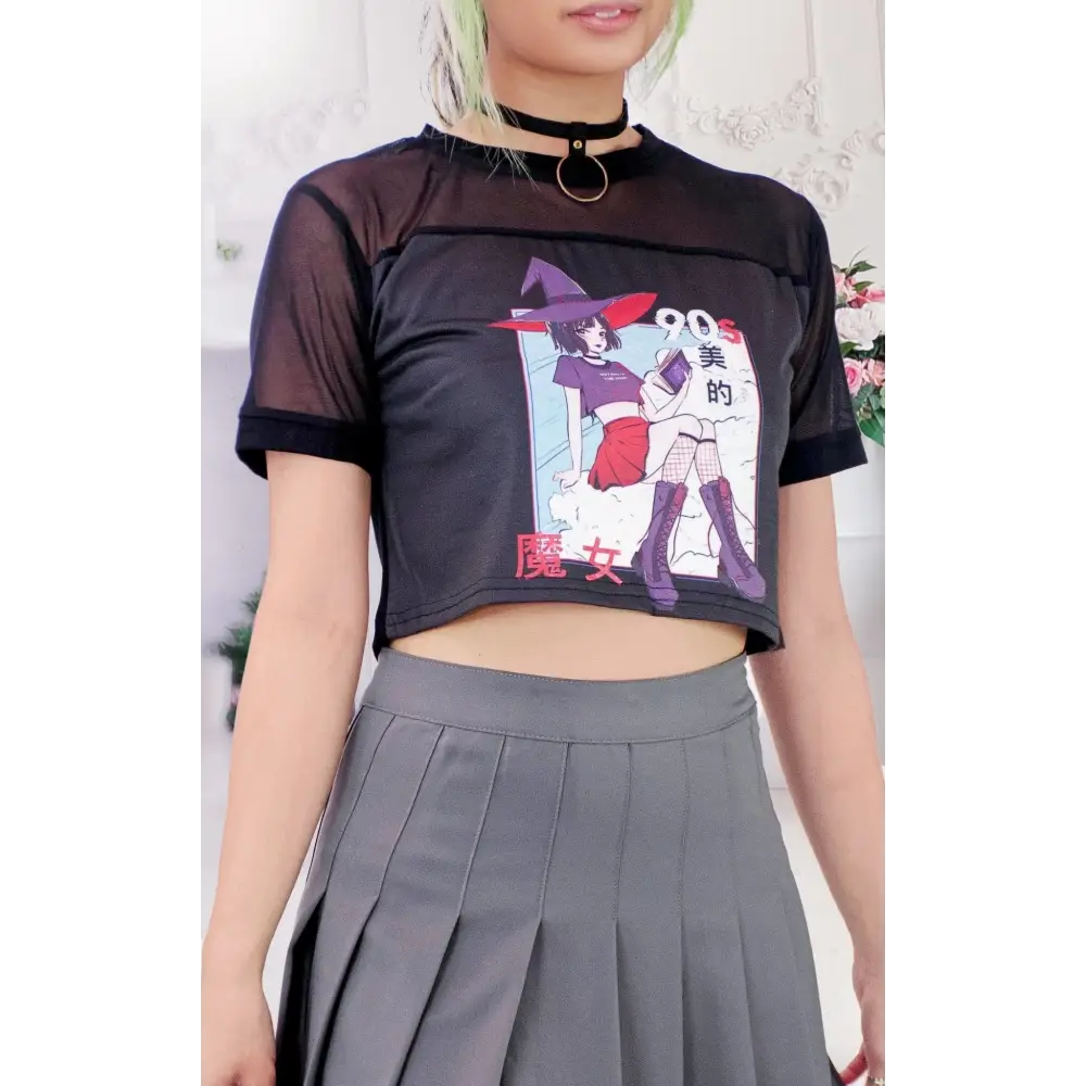 Anime inspired crop top with 90’s aesthetic and mesh detail - s - shirts & tops