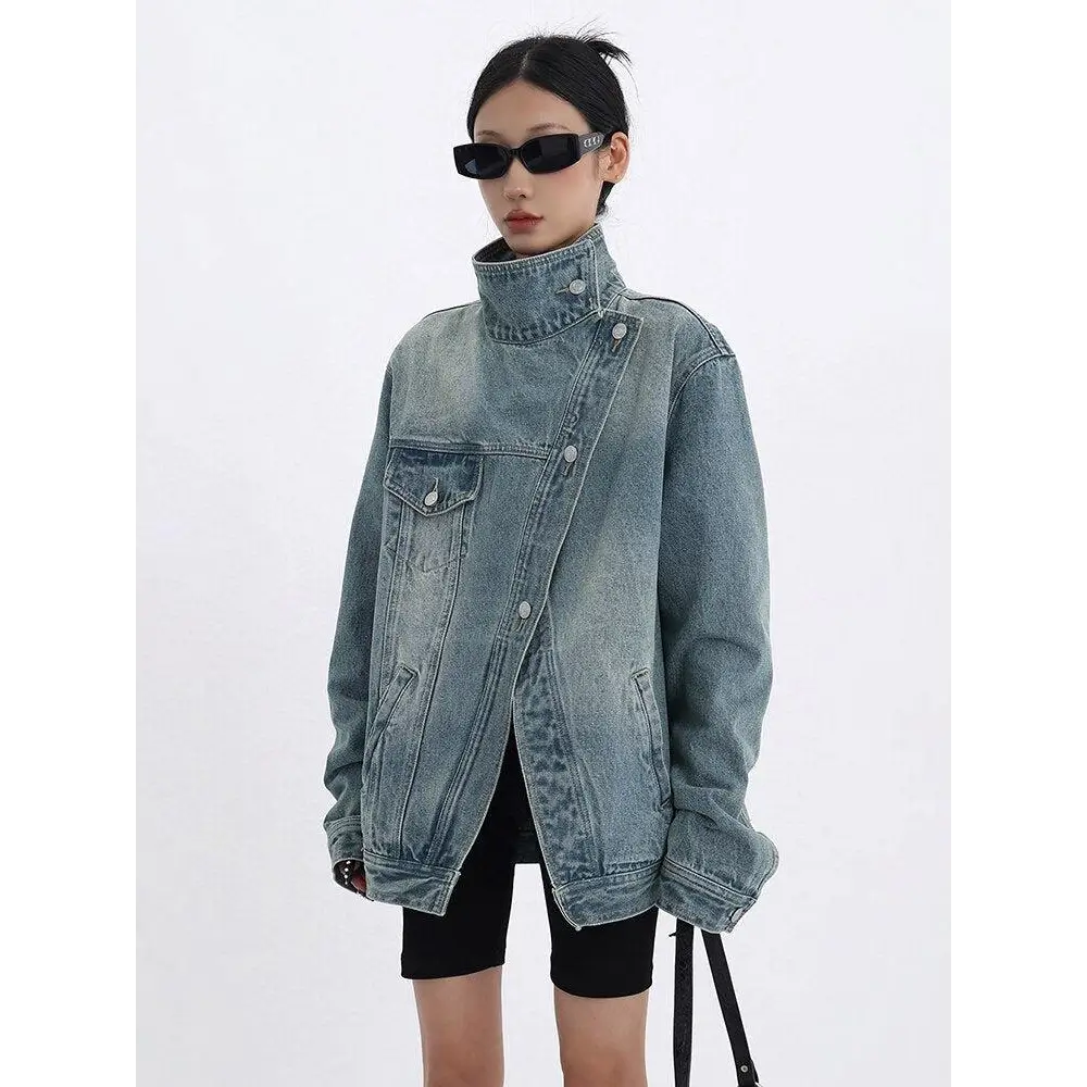 Asymmetrical denim jacket with high collar in dark wash - coat