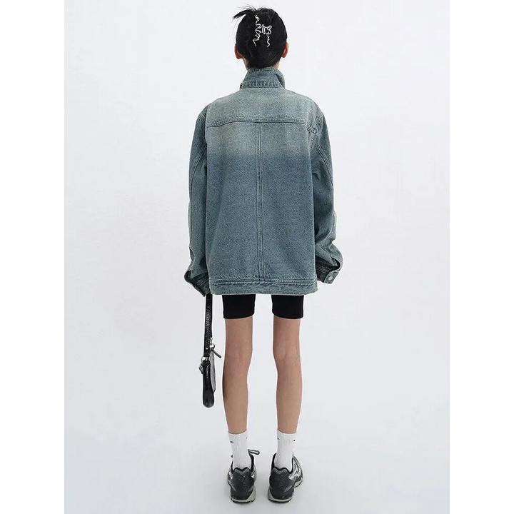 Asymmetrical denim jacket with high collar in dark wash - coat