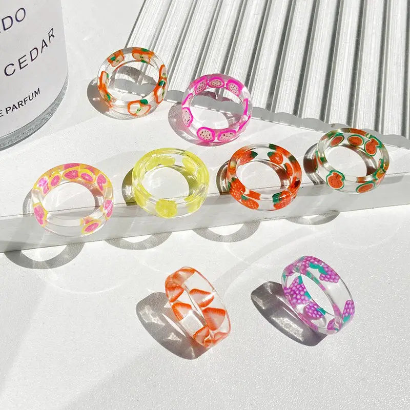 Y2k handmade clear fruits resin rings for chic accessories - ring