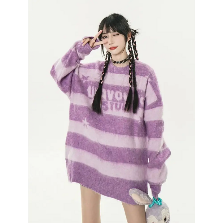 Aesthetic grunge stripe long sleeve sweater - s / purple