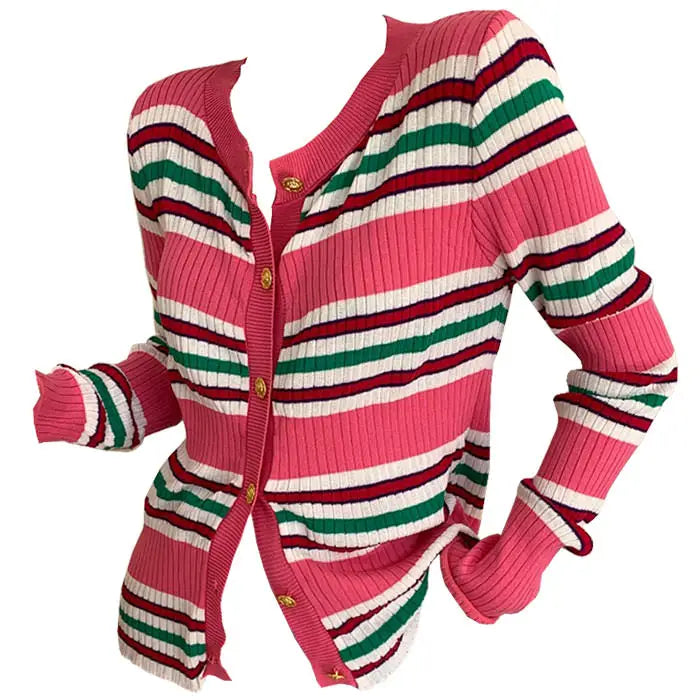 Aesthetic ribbed cardigan with button-up closure and pink stripes - free size