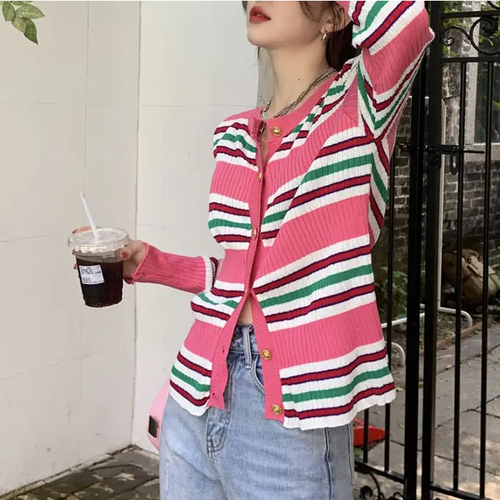 Aesthetic ribbed cardigan with button-up closure and pink stripes - free size