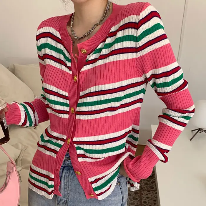 Aesthetic ribbed cardigan with button-up closure and pink stripes - free size