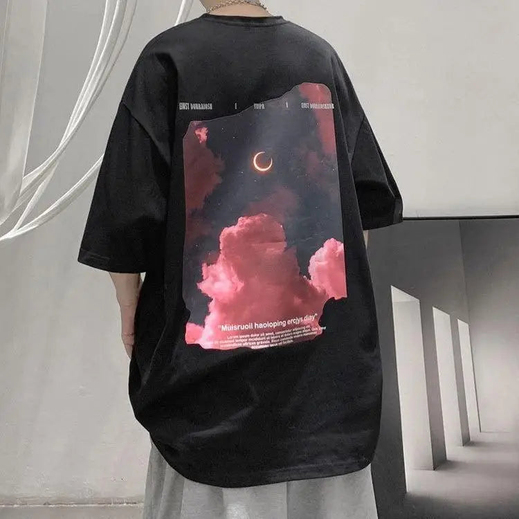 Unisex crescent moon cotton tee with aesthetic sky design - black / s