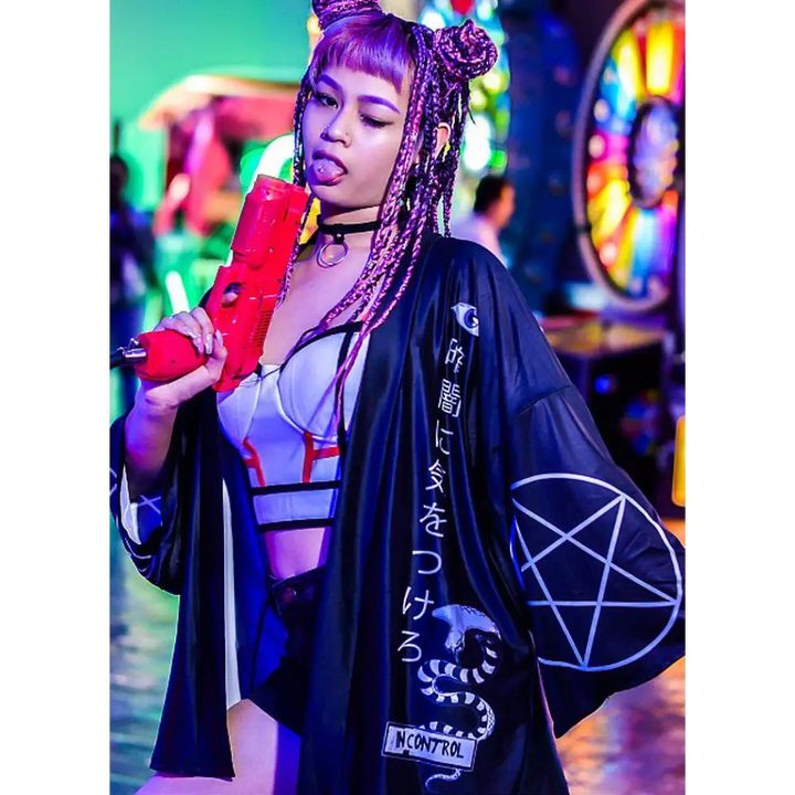 After dark kimono with traditional japanese aesthetics and pentagram symbols - one size / black - kimonos