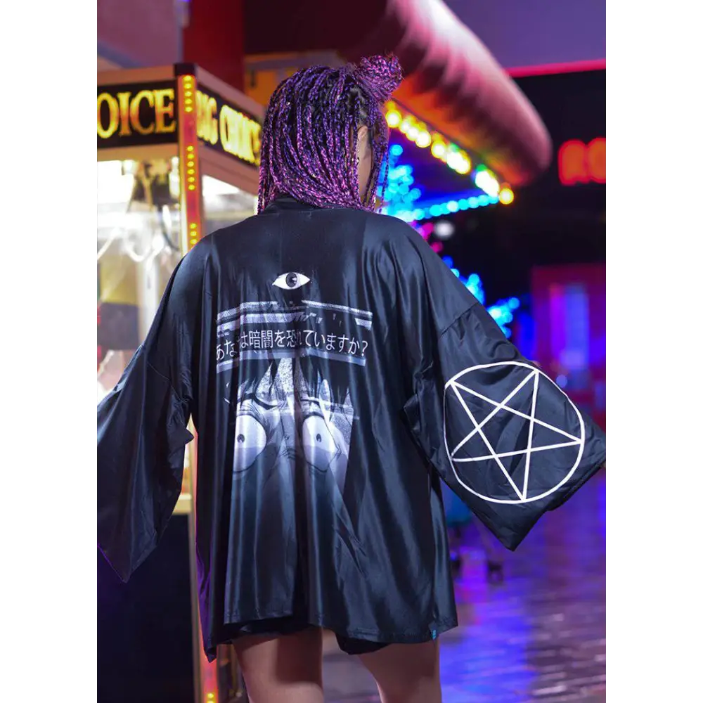 After dark kimono with traditional japanese aesthetics and pentagram symbols - one size / black - kimonos