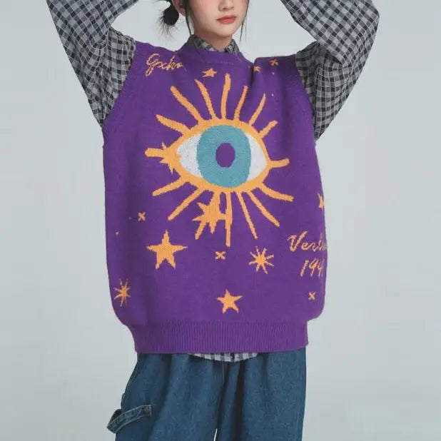 Aesthetic y2k knitted vest with all-seeing eye print