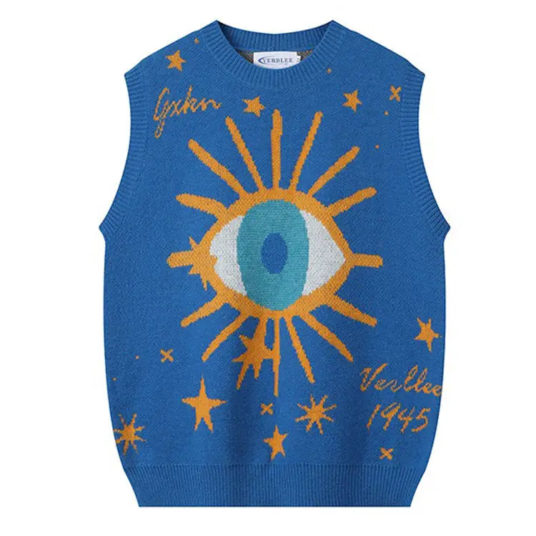 Aesthetic y2k knitted vest with all-seeing eye print - m / blue