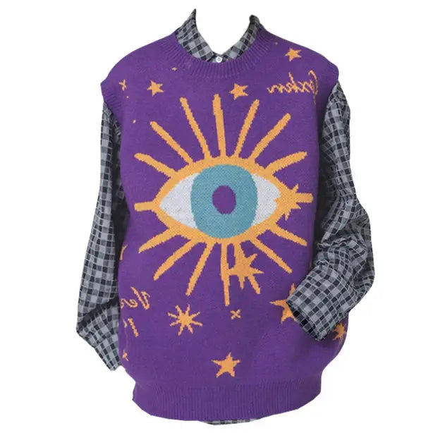 Aesthetic y2k knitted vest with all-seeing eye print - m / purple