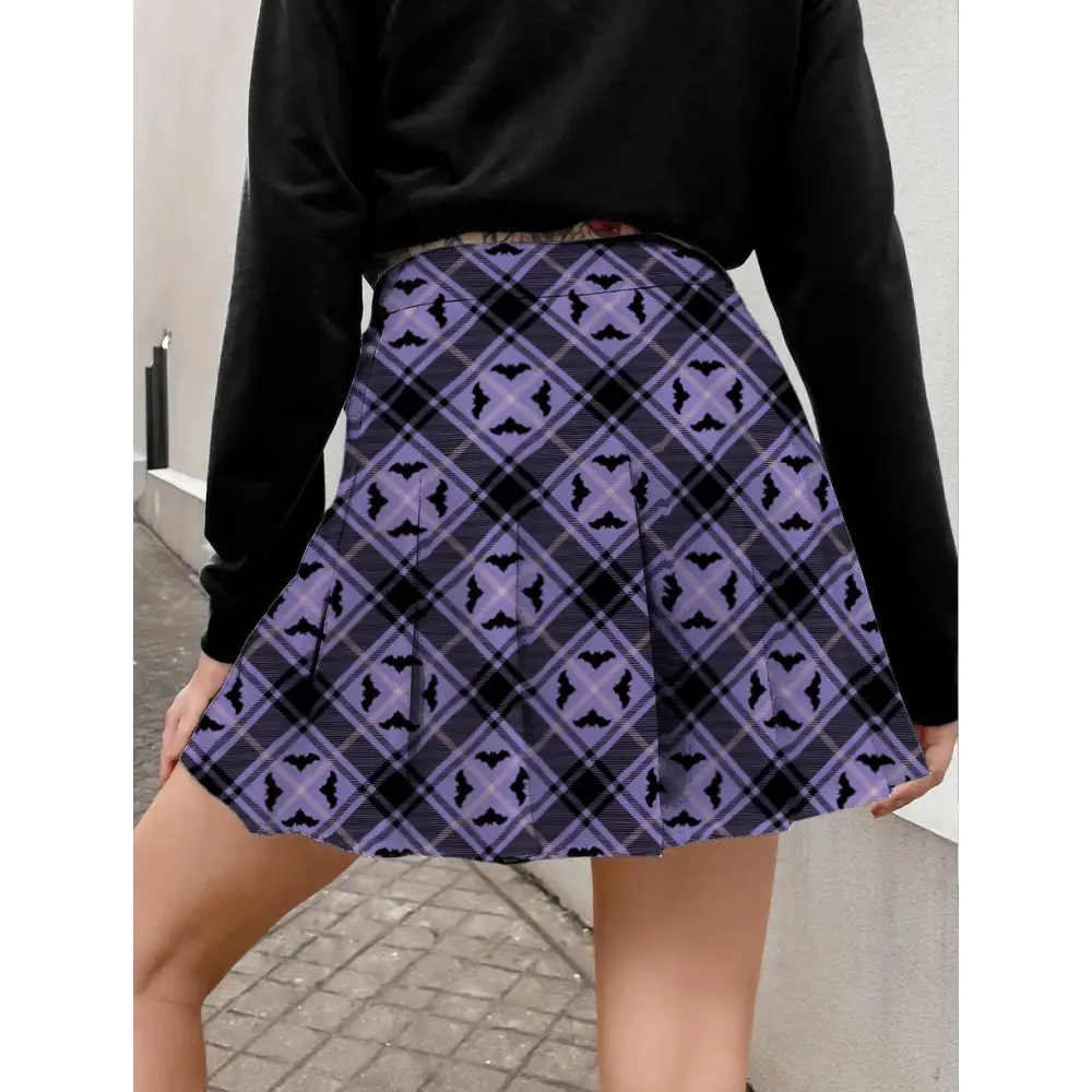 Alt bat plaid pleated skirt in pastel goth style - women skirts