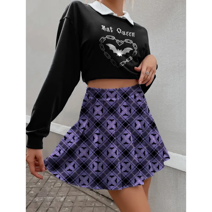 Alt bat plaid pleated skirt in pastel goth style - xs - women skirts