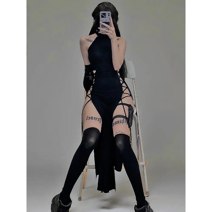 Alt black midi dress with bandage detail - goth dark cosplay